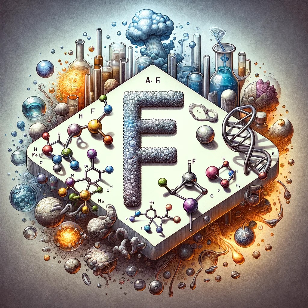 An artistic illustration of the element Fluorine (F), highlighting its reactivity and its presence in various everyday applications. The image captures the importance and versatility of this element in chemistry and industry.