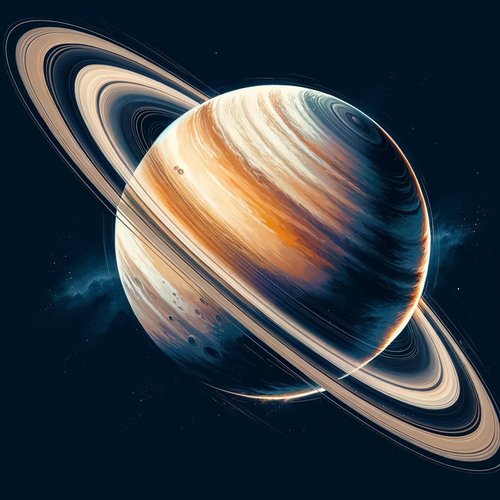 An artistic illustration of Saturn, highlighting its majestic ring system and its imposing presence in space. The image captures the beauty and uniqueness of this planet in our solar system.