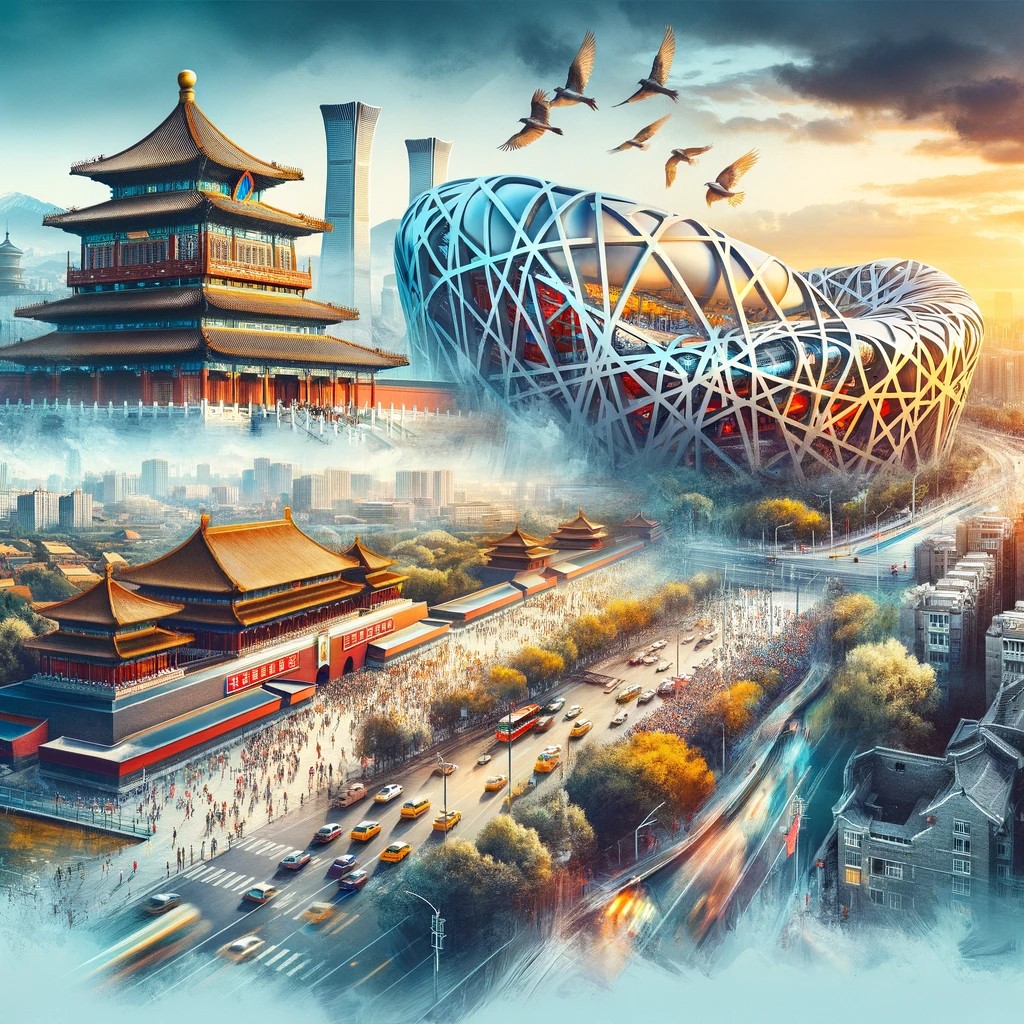 the image that captures the unique fusion of Beijing's rich historical heritage and innovative spirit, showcasing both the majesty of the Forbidden City and the modernity of the Bird's Nest.