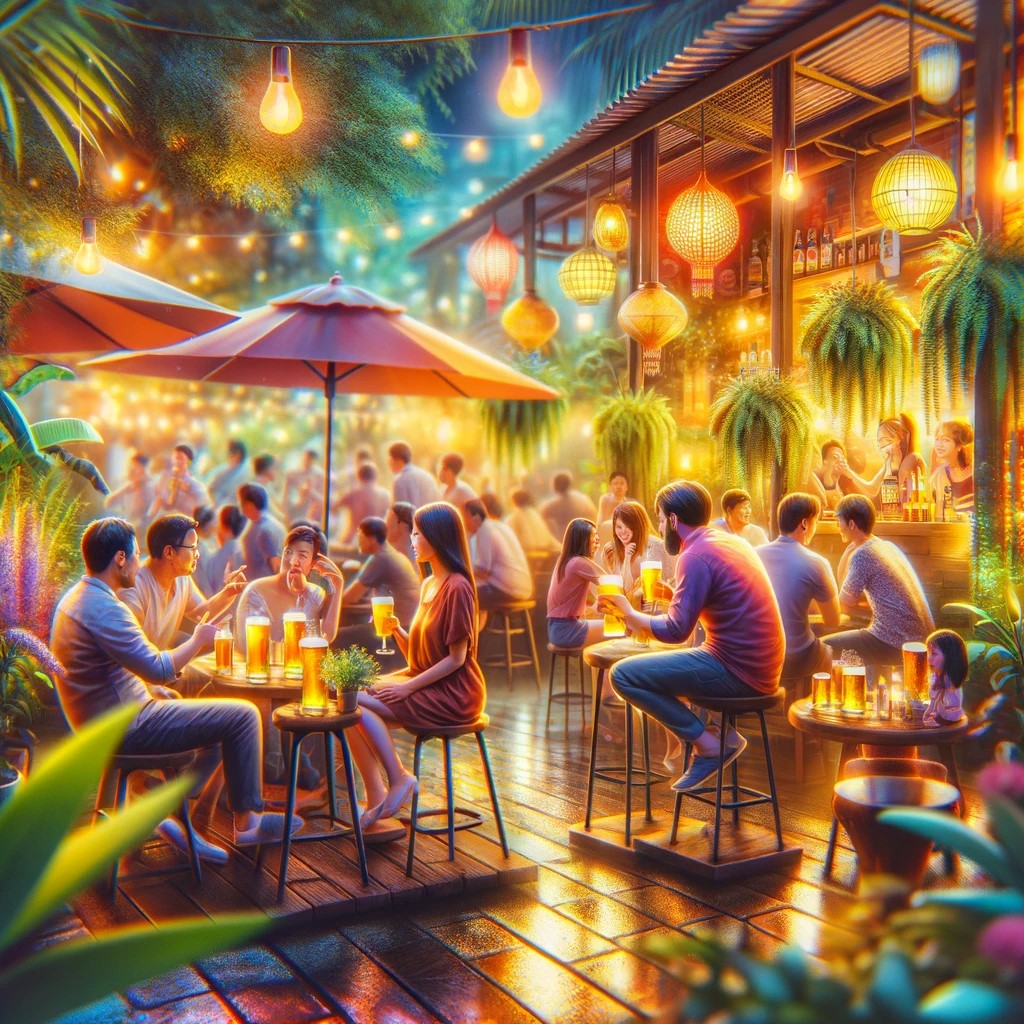 The image shows an outdoor or semi-open air environment with people enjoying drinks and light snacks, surrounded by tropical plants and warm lighting. The scene is vibrant but tasteful, showing the friendly and welcoming atmosphere of Thai beer gardens and bars, without suggesting anything inappropriate or explicit.