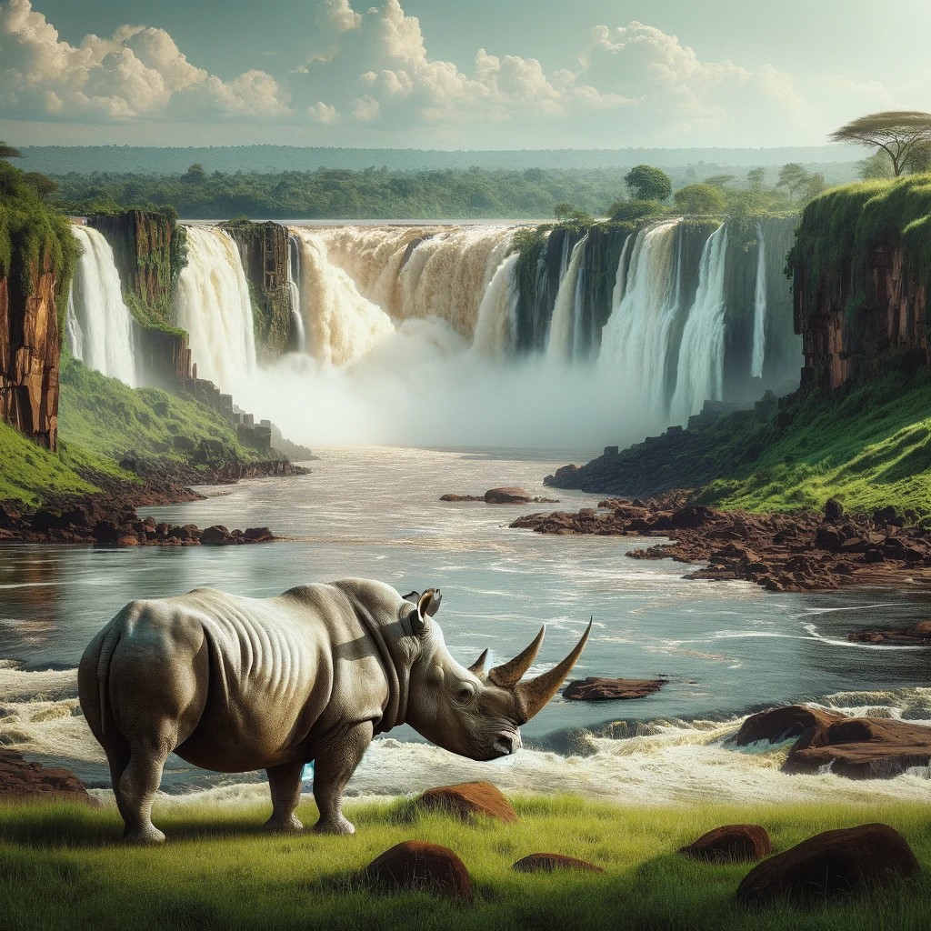 L'image montre les époustouflantes chutes de Murchison en Ouganda, avec le puissant fleuve Nil qui se déchaîne en aval. Au premier plan, un majestueux rhinocéros blanc se tient en paix, représentant la sérénité et la force de la faune africaine. Le contraste entre la puissance brute des chutes et le calme du rhinocéros crée une scène puissante et émouvante de la nature à l'état pur.