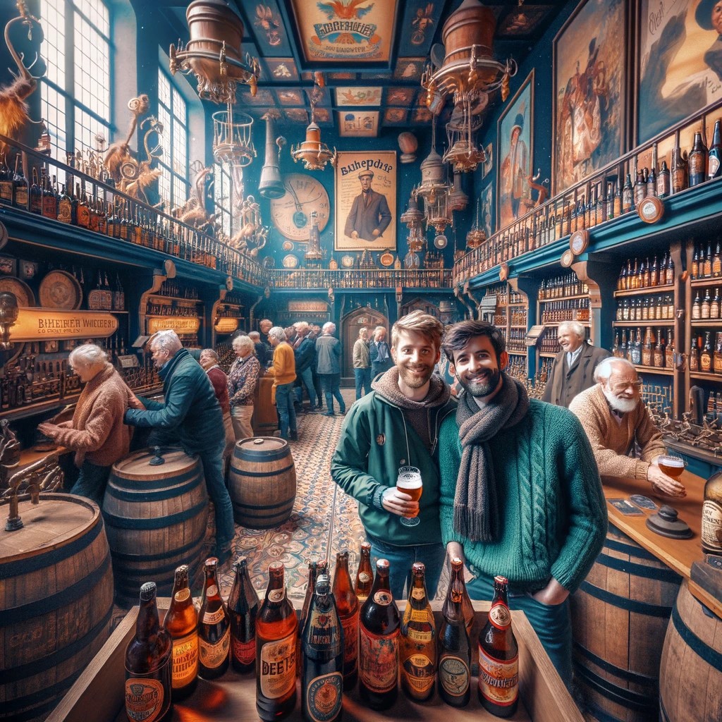 La photo montre l'intérieur du musée de la bière en Belgique. Vous voyez une salle remplie de bouteilles de bière colorées, de vieux tonneaux et d'objets liés au brassage de la bière. Les murs du musée sont ornés d'affiches historiques et de publicités pour la bière, ce qui ajoute à l'atmosphère authentique et accueillante. L'image capture la joie et l'intérêt que nous trouvons dans ce lieu unique, un hommage à la tradition brassicole.