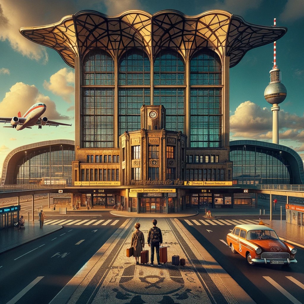 L'image montre une vue impressionnante de l'un des aéroports de Berlin, combinant des éléments historiques et modernes. Au premier plan, le bâtiment de l'aéroport de Tegel se distingue par son design rétro unique. À l'arrière-plan, l'aéroport moderne de Berlin-Brandebourg se distingue par son architecture épurée et futuriste. L'image capture le contraste entre le passé et le présent, reflétant la riche histoire de l'aéroport et l'évolution de Berlin. Luc et moi sommes représentés ici, valises à la main, prêts à embarquer pour notre prochaine aventure.