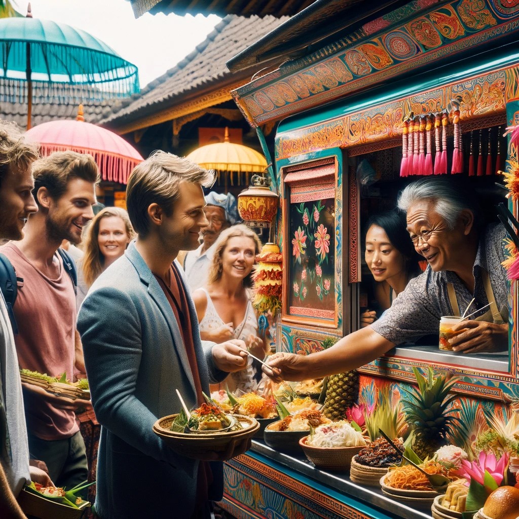 La photo montre l'un des camions-vitrines colorés de Bali, plein de vie et d'activité. Le camion est décoré de motifs traditionnels balinais et propose une variété de plats locaux. L'atmosphère est animée, avec d'autres touristes et locaux en arrière-plan, qui apprécient la nourriture et la compagnie. L'image capture l'essence vibrante et accueillante de ces camions-vitrines, reflet de la culture et de l'hospitalité balinaises.