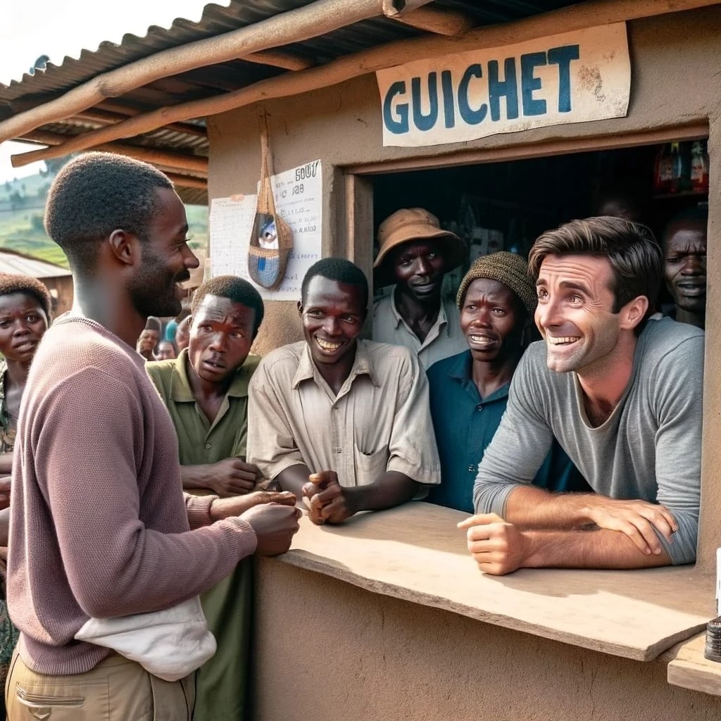 La photo montre Luc dans un guichet à Kigaji, au Rwanda. Il est quelque peu confus mais souriant, essayant de communiquer avec le personnel du guichet et divers habitants. Le guichet est simple, avec une petite fenêtre et un panneau en kinyarwanda. Autour de Luc, des villageois observent la scène avec curiosité, certains offrant leur aide. L'image capture le défi et la comédie de la situation, montrant la chaleur et l'hospitalité de la communauté locale malgré la barrière de la langue.