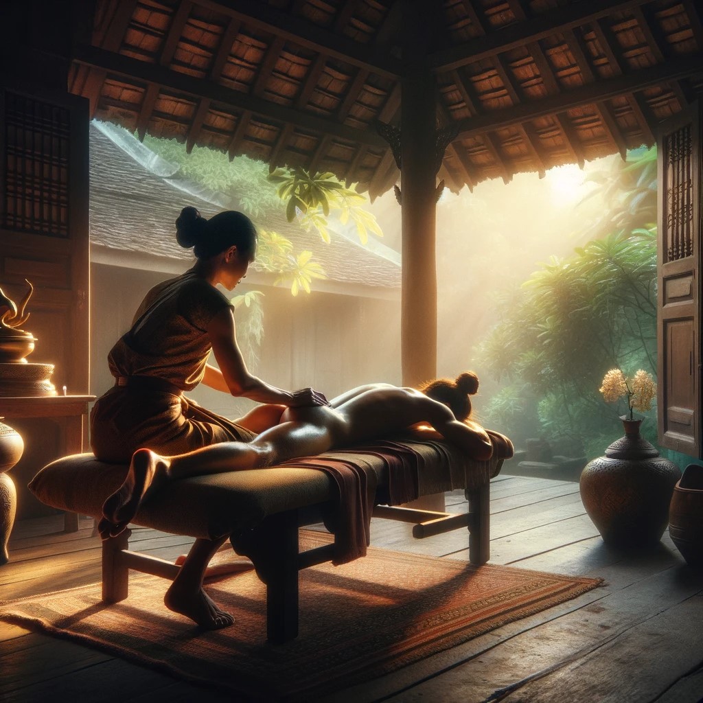 l'image qui représente l'essence du massage thaïlandais, montrant l'interaction respectueuse et thérapeutique entre le praticien et le receveur dans une atmosphère de tranquillité et de guérison.