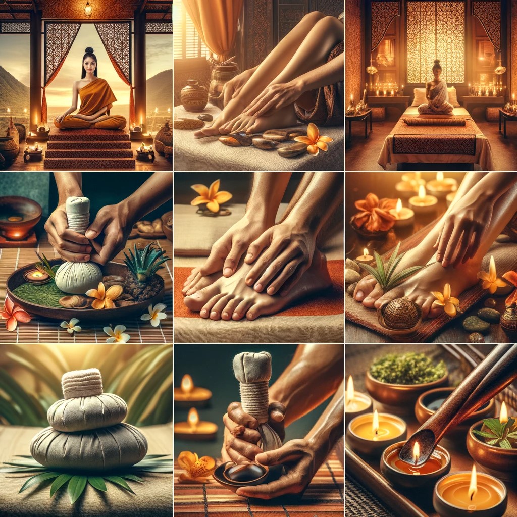 l'image illustrant la diversité des types de massage en Thaïlande, montrant différentes techniques et environnements pour chaque style de massage.