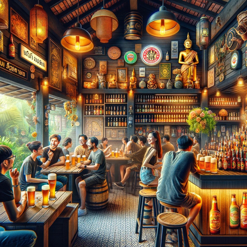 l'image décrivant l'atmosphère conviviale et sociale d'un bar à bière en Thaïlande, mettant en évidence l'interaction entre les personnes et la variété des bières.