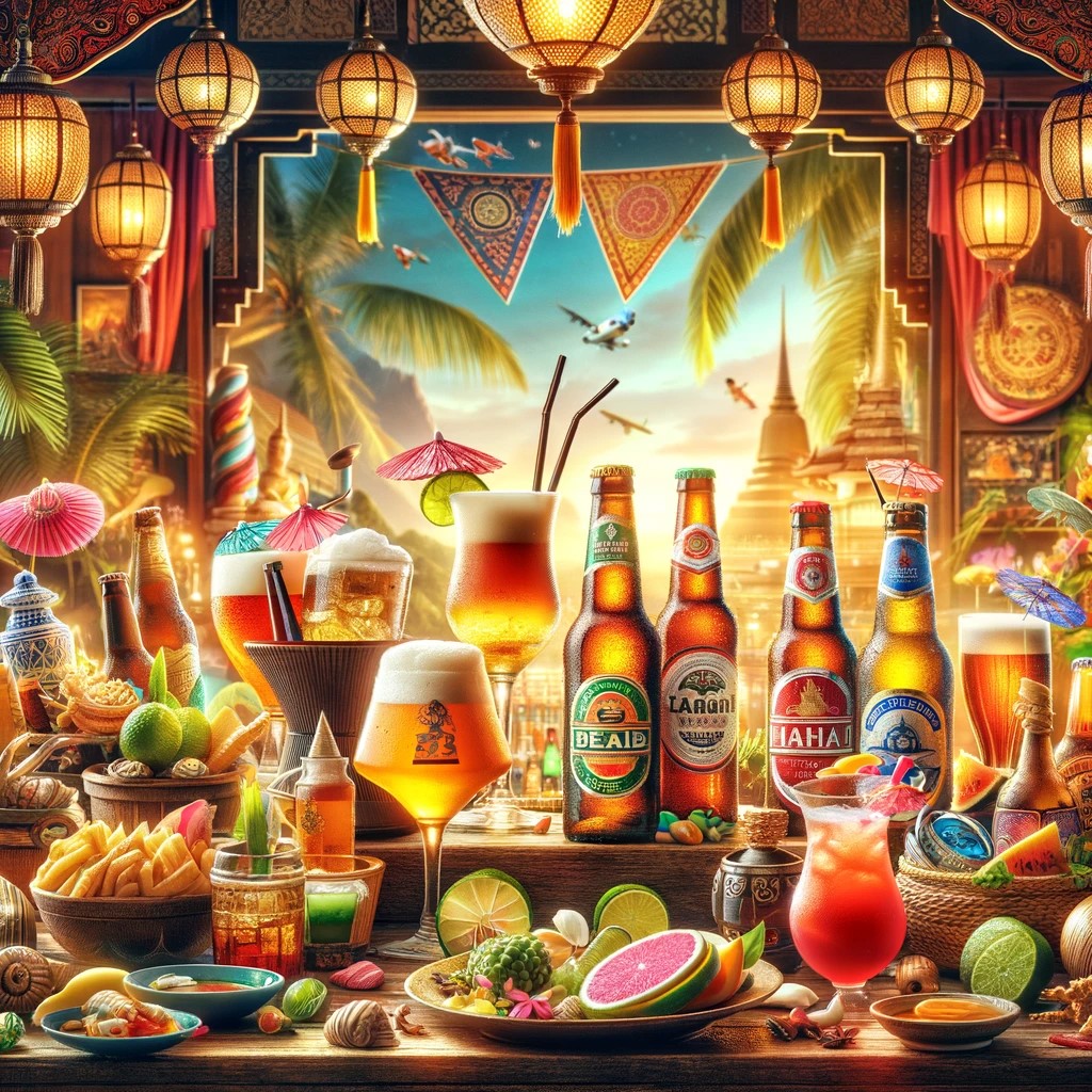 l'image montrant la variété et l'ambiance de la dégustation de boissons dans un bar à bière thaïlandais, capturant la diversité du choix et l'atmosphère accueillante de l'endroit.