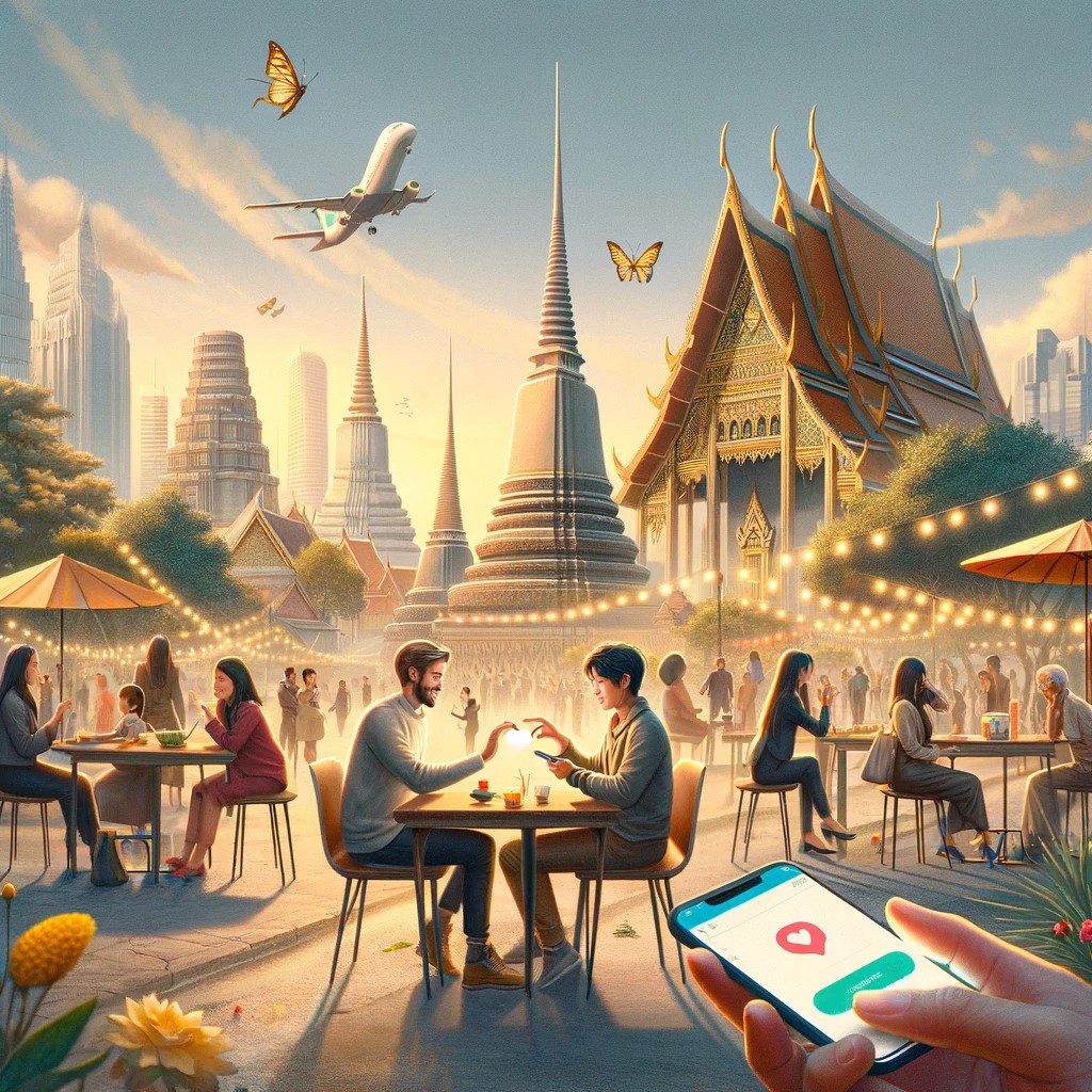 l'image qui capture l'essence de la connexion avec des personnes par le biais d'applications de rencontres en Thaïlande, mettant en évidence la diversité et l'échange culturel dans un environnement respectueux.