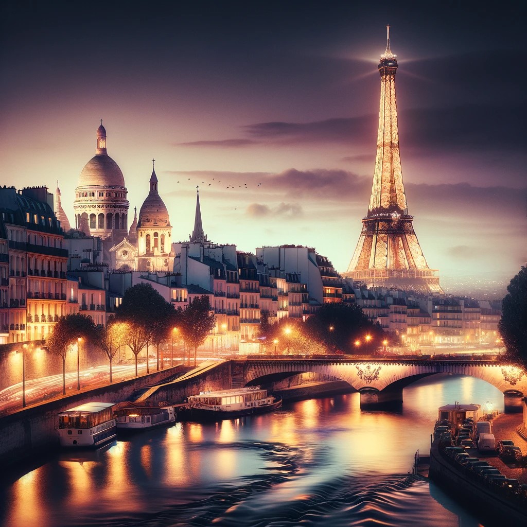 the image that captures the romantic essence and rich heritage of Paris, reflecting both the majesty of its monuments and the unique atmosphere of its streets and rivers.
