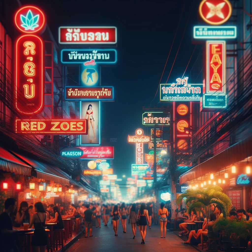 image that generically and respectfully depicts the vibrant nightlife in Thailand's red zones and go-go bars, avoiding explicit or inappropriate content. The image depicts a lively street scene at night with neon lights and a bustling atmosphere, capturing the energy and activity of these areas. The focus is on the general atmosphere of nightlife, including bar signs and entertainment venues, without depicting individuals or suggesting anything inappropriate, maintaining a tasteful and appropriate representation.