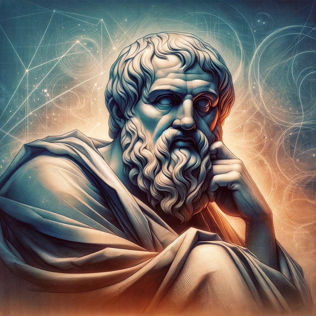 An artistic illustration of Plato, the ancient Greek philosopher, possibly in his academy or immersed in philosophical thought. The image captures the wisdom, teaching and enduring influence of this thinker in the history of philosophy.