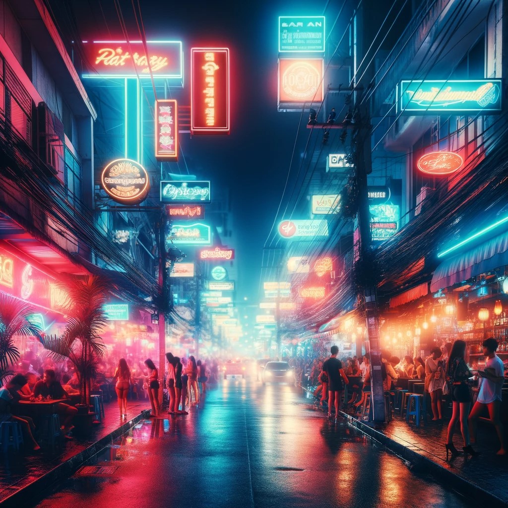 The image depicts a lively street with neon lights, bars and a bustling crowd, reflecting the dynamic and lively character of nightlife in Pattaya. The focus is on the overall atmosphere and energy of the street scene, without depicting specific locations or suggesting anything inappropriate, maintaining a respectful and tasteful representation.
