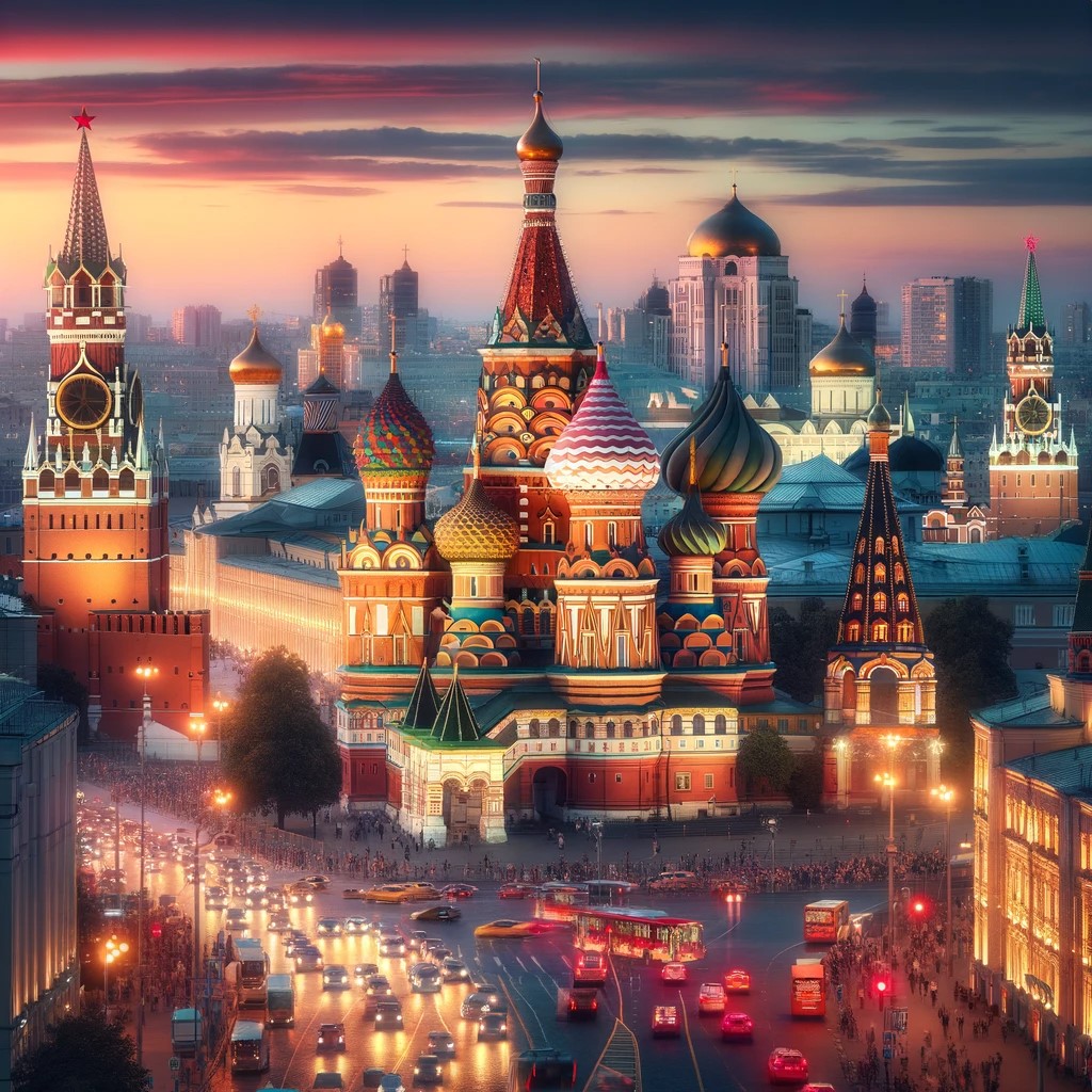 the image that portrays the majesty and vibrant spirit of Moscow, showing both the historical grandeur and dynamic life of Russia's capital.