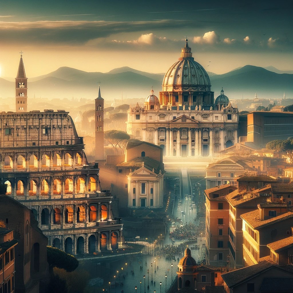  la imagen que refleja la riqueza histórica y la vitalidad de Roma, mostrando tanto la majestuosidad del Coliseo como la vida vibrante de las calles y plazas de la ciudad.