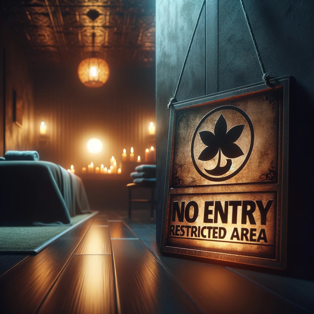 The image shows a dim and ambiguous spa environment with a "No Entry" or "Restricted Area" sign, symbolizing the hidden and often controversial nature of these services. The focus is on suggesting caution and awareness without showing explicit or inappropriate content, while maintaining a respectful and informative tone.