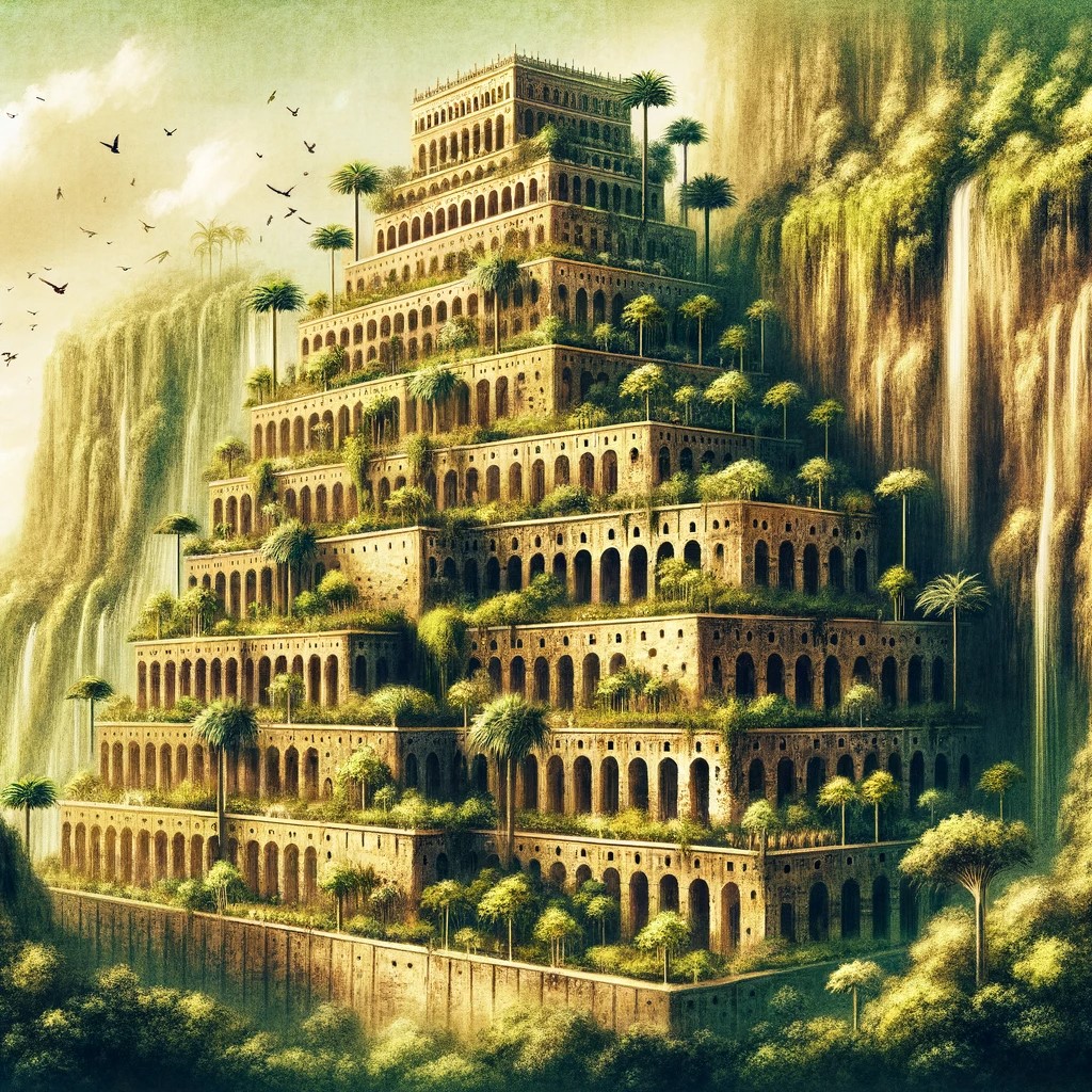 An artistic illustration of the Hanging Gardens of Babylon, highlighting their terraced structure and the rich vegetation that characterizes them. The image captures the majesty and mystery of this ancient wonder.