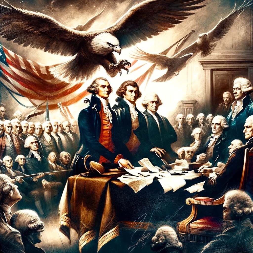 An artistic illustration of the signing of the United States Declaration of Independence in 1776, showing historical figures such as Thomas Jefferson in a moment full of tension and emotion. The image captures the spirit of freedom and the transcendence of the moment.