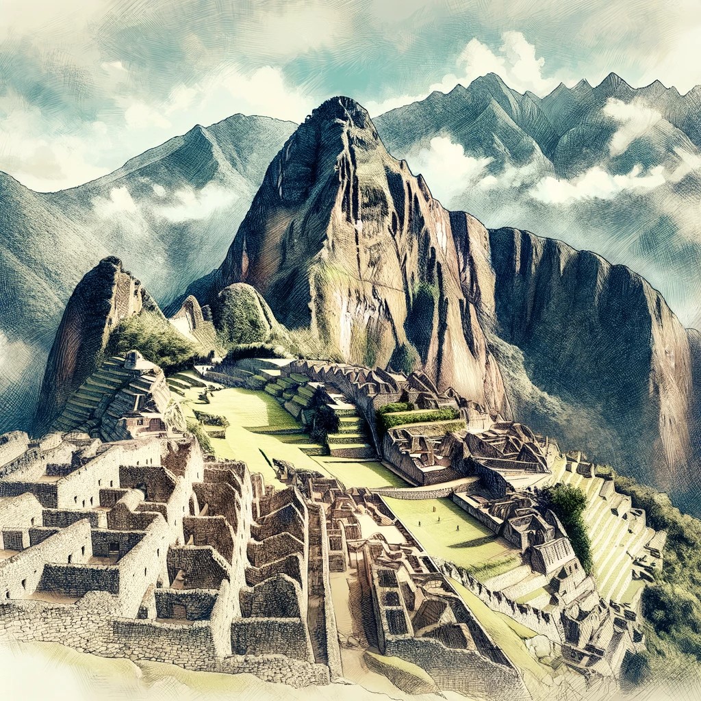 An artistic illustration of Machu Picchu, highlighting its impressive Inca architecture and majestic location high in the Andes. The image captures the grandeur and mystery of this historic site.