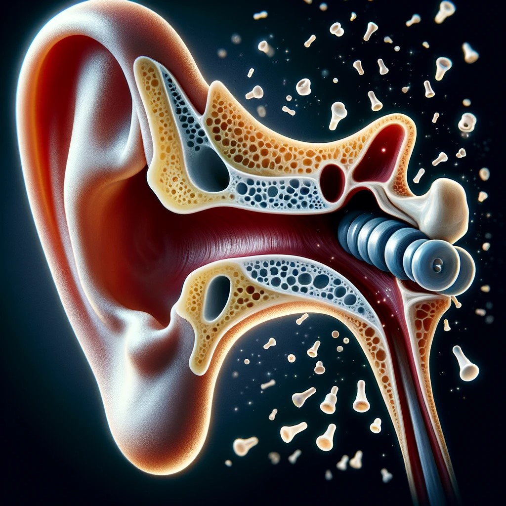 An artist's illustration of the stapes bone, the smallest bone in the human body, showing its diminutive size and location in the middle ear. The image highlights the importance of this bone in the process of hearing.