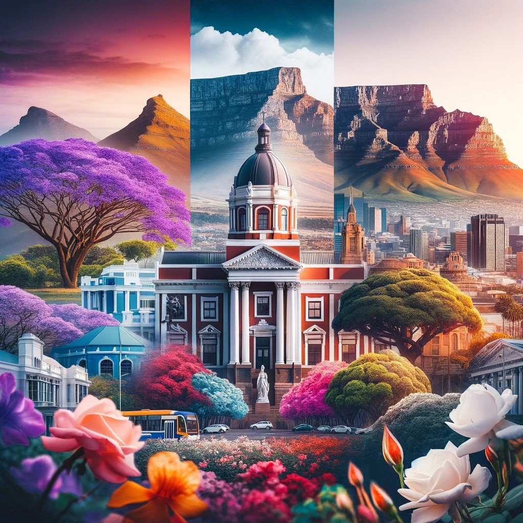 the image that captures the diversity and unique beauty of South Africa's three capital cities, reflecting the country's rich tapestry of cultures and landscapes.