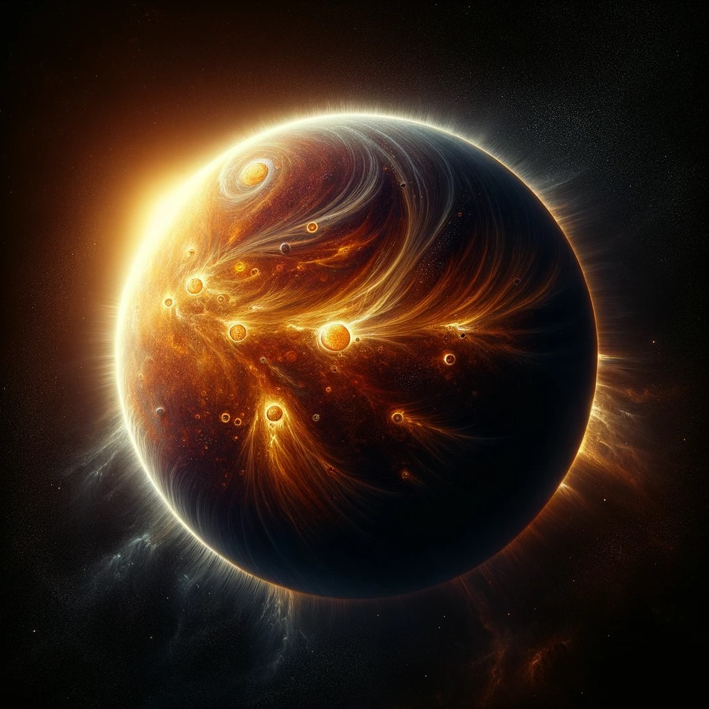 
An artistic illustration of Venus, showcasing its intense atmosphere and the high temperatures that characterize this fiery planet. The image captures the extreme nature and inhospitable environment of this hot neighbor in our solar system.
