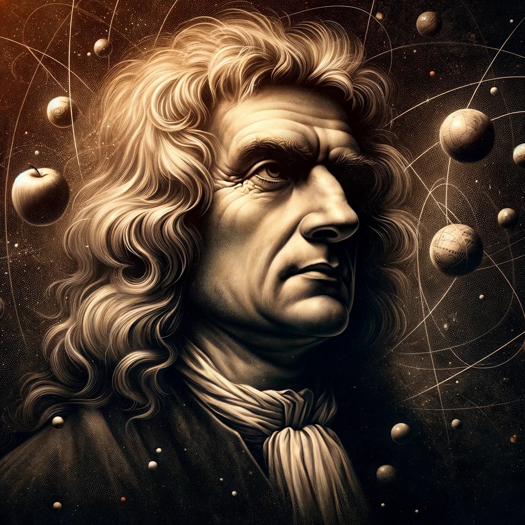 An artist's illustration of Sir Isaac Newton, possibly with the iconic apple or immersed in his scientific thoughts. The image captures the genius and enduring influence of this outstanding scientist in the history of science.
