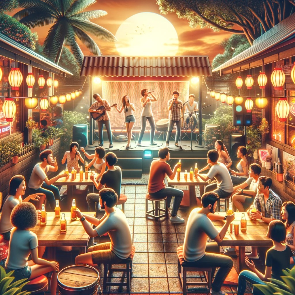 The image shows an outdoor or semi-open air environment with a karaoke stage, people singing and others enjoying drinks and socializing around tables. The scene is vibrant and shows the fun, communal spirit of Thai karaoke beer gardens, with tropical decor and warm lighting, without suggesting anything inappropriate or explicit.