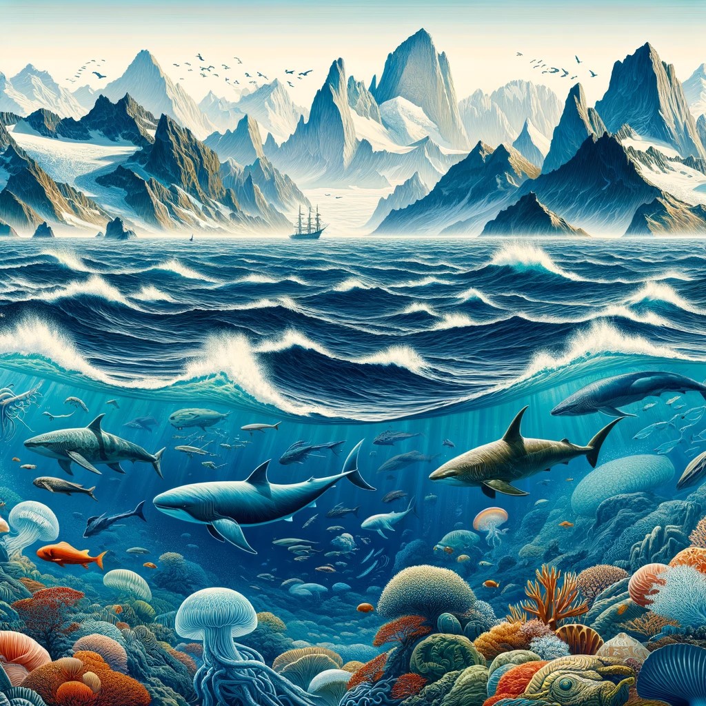 An artistic illustration of the Pacific Ocean, highlighting its vast expanse and rich biodiversity. The image shows an ocean panorama with exotic islands and a variety of marine life, capturing the essence of this aquatic giant.