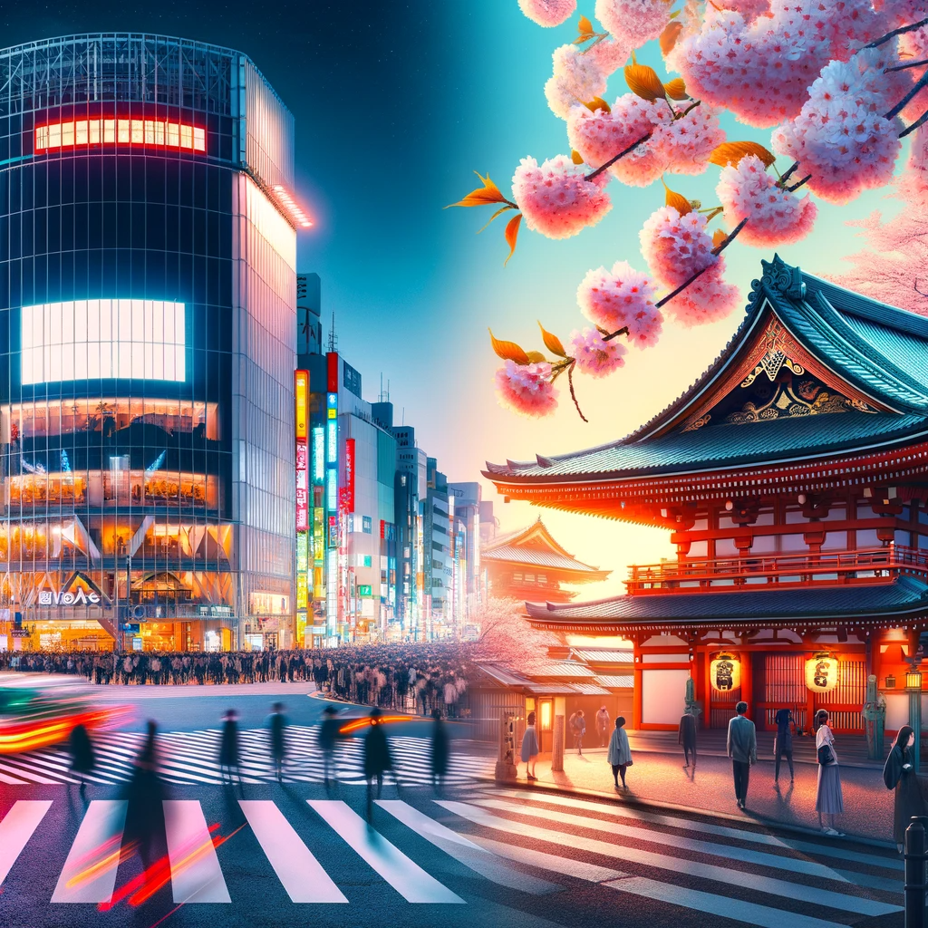 the image that represents the duality of Tokyo: the vibrant life of Shibuya alongside the peace of the ancestral temples.