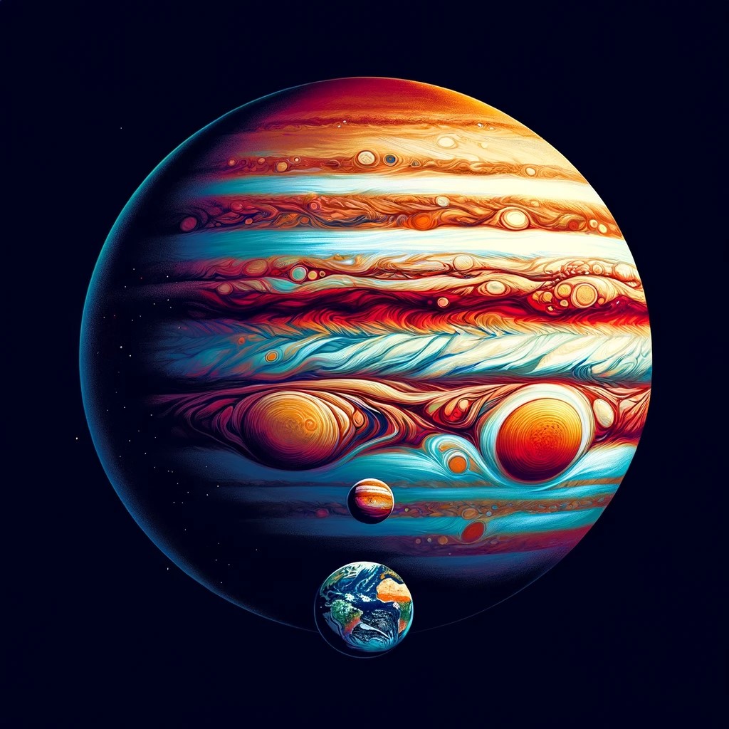 An artistic illustration of Jupiter, the largest planet in our solar system, showing its immensity and its famous Great Red Spot. Next to it, a small planet Earth for size comparison. The image has a surreal tone and vibrant colors to capture the wonder and mystery of space.